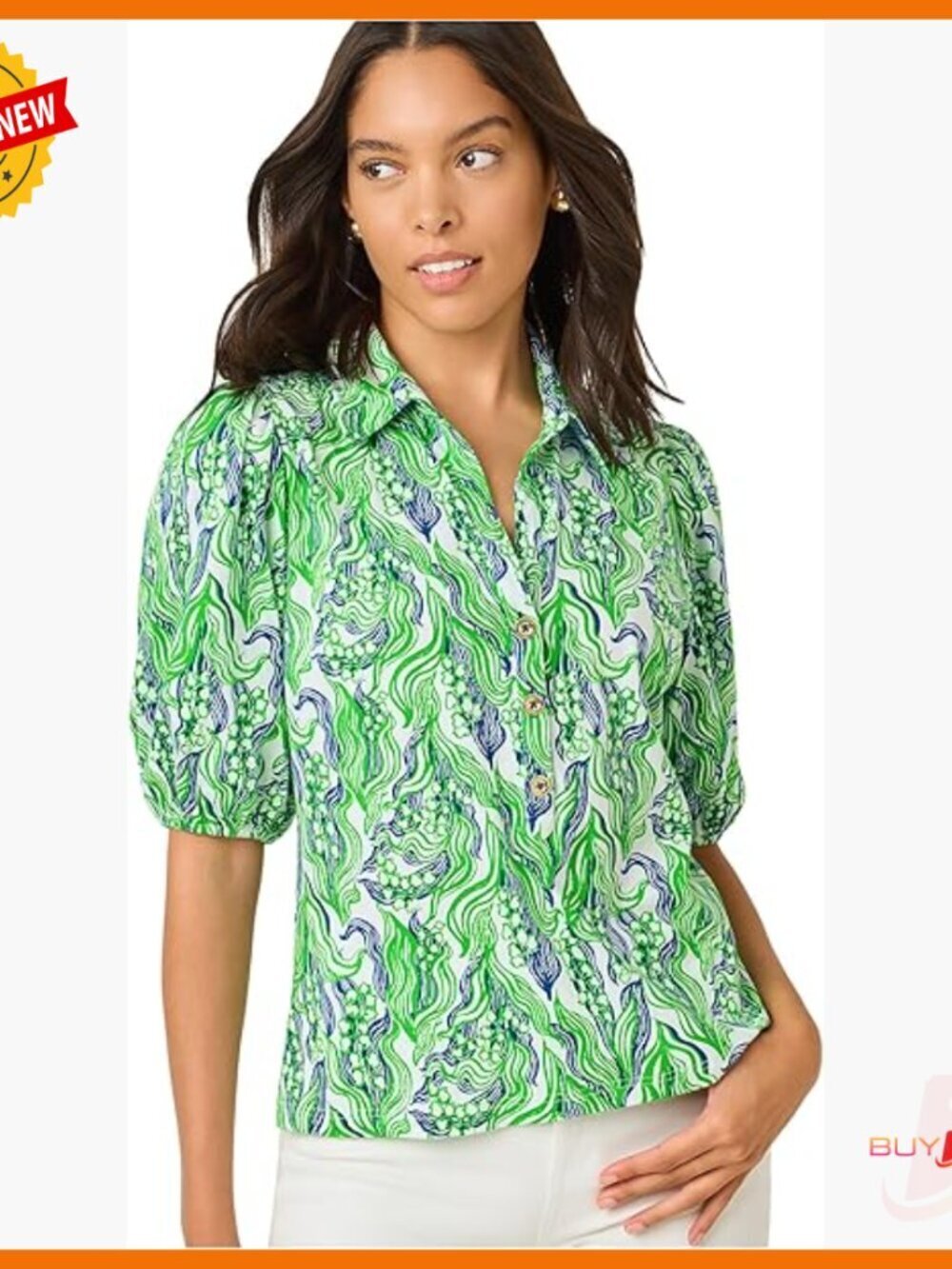 Classic Fit Cotton Blouse with Collar and Puffed Sleeves